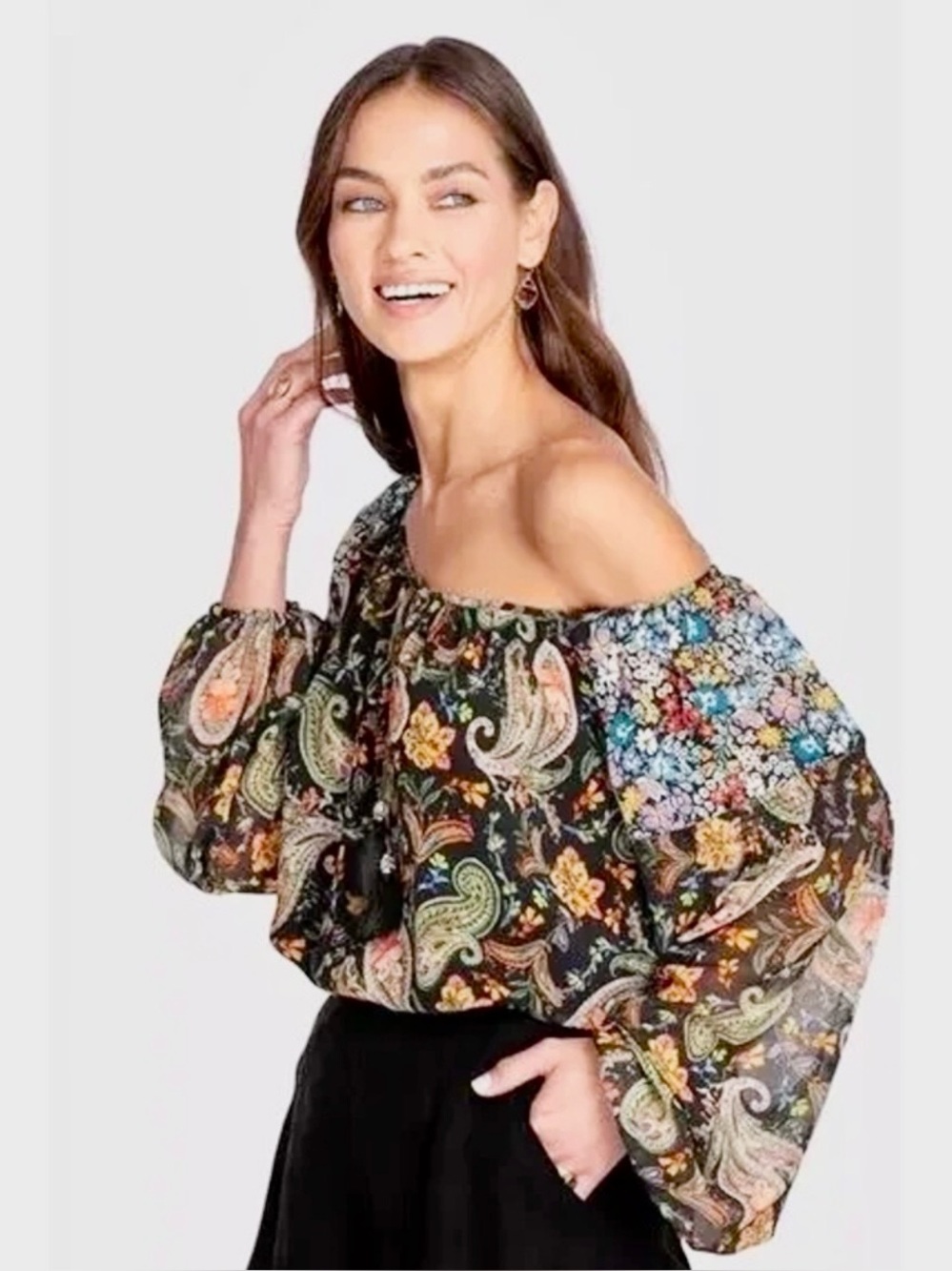 Johnny Was Jade Adela Paisley Peasant Blouse Black XL L184217 - Picture 3 of 11